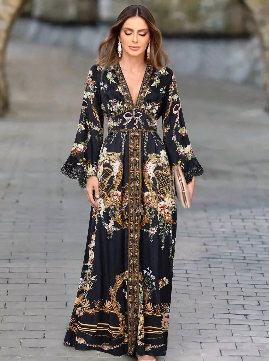 Camilla Australia Black Vintage Print Classic V-Neck Smocked/Cinch-Waist Silk Maxi Dress