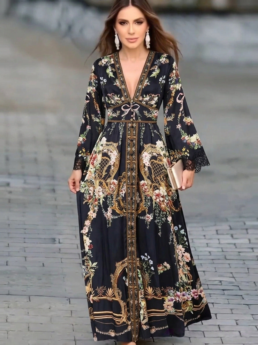 Camilla Australia Black Vintage Print Classic V-Neck Smocked/Cinch-Waist Silk Maxi Dress