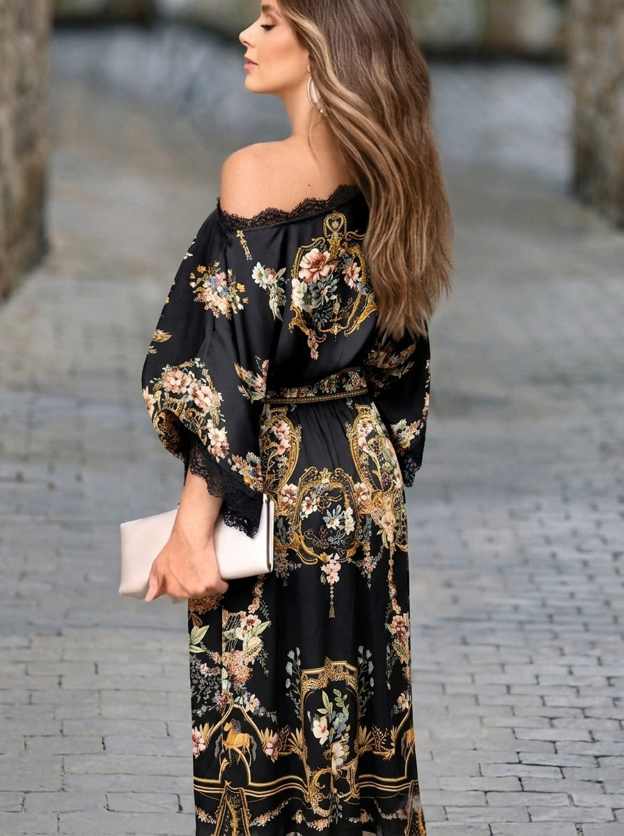 Camilla Australia Black Vintage Print Classic V-Neck Smocked/Cinch-Waist Silk Maxi Dress