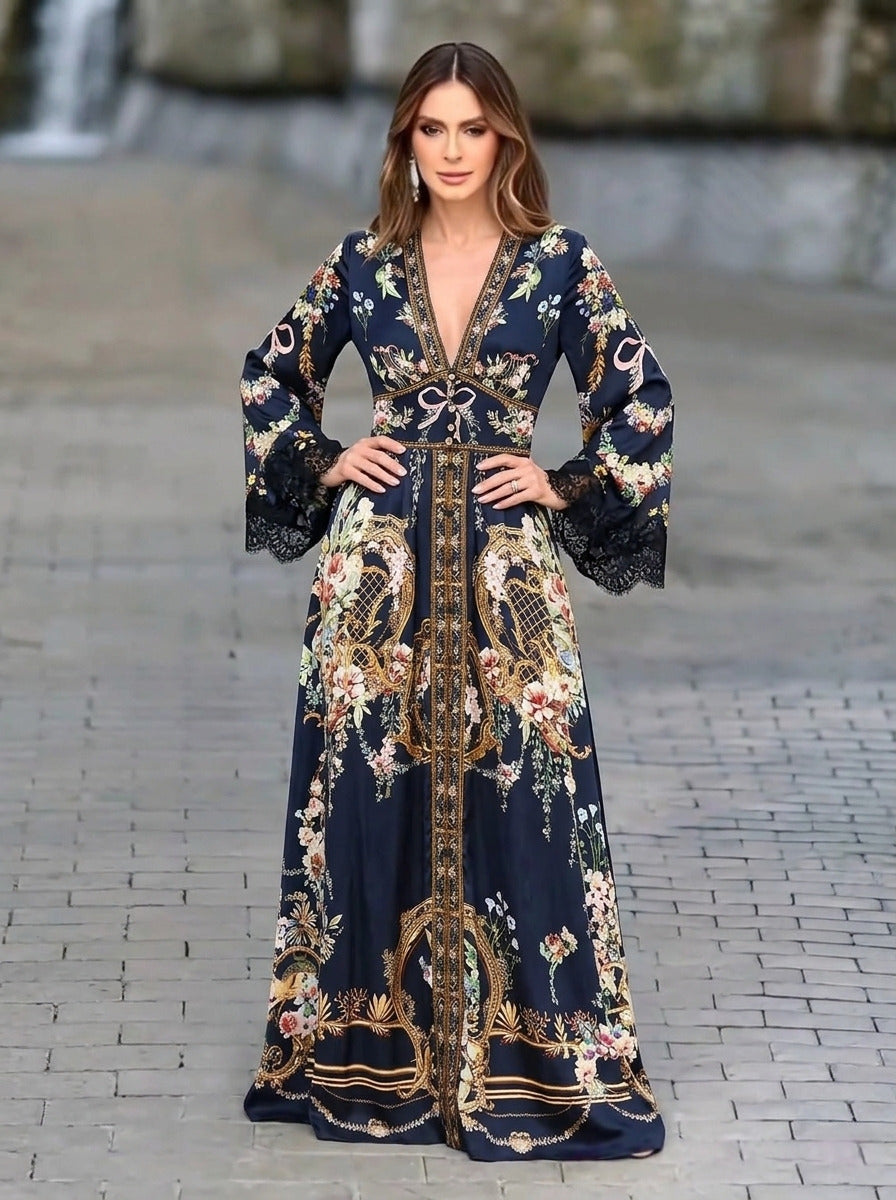 Camilla Australia Black Vintage Print Classic V-Neck Smocked/Cinch-Waist Silk Maxi Dress