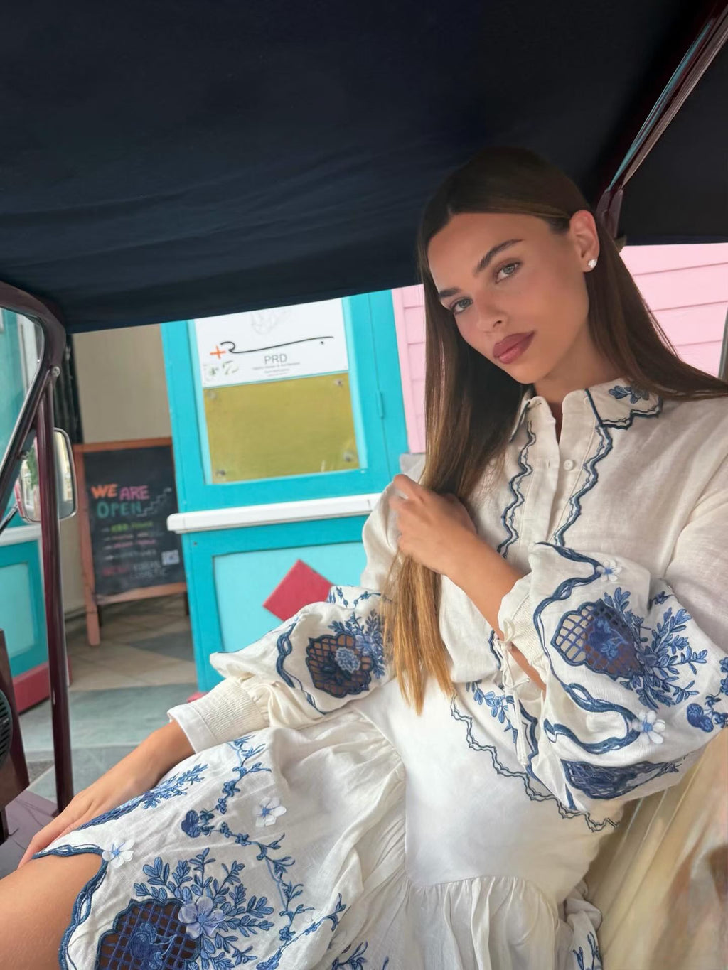 AGUA Blue White Embroidery Shirt And Skirt Two Piece Set