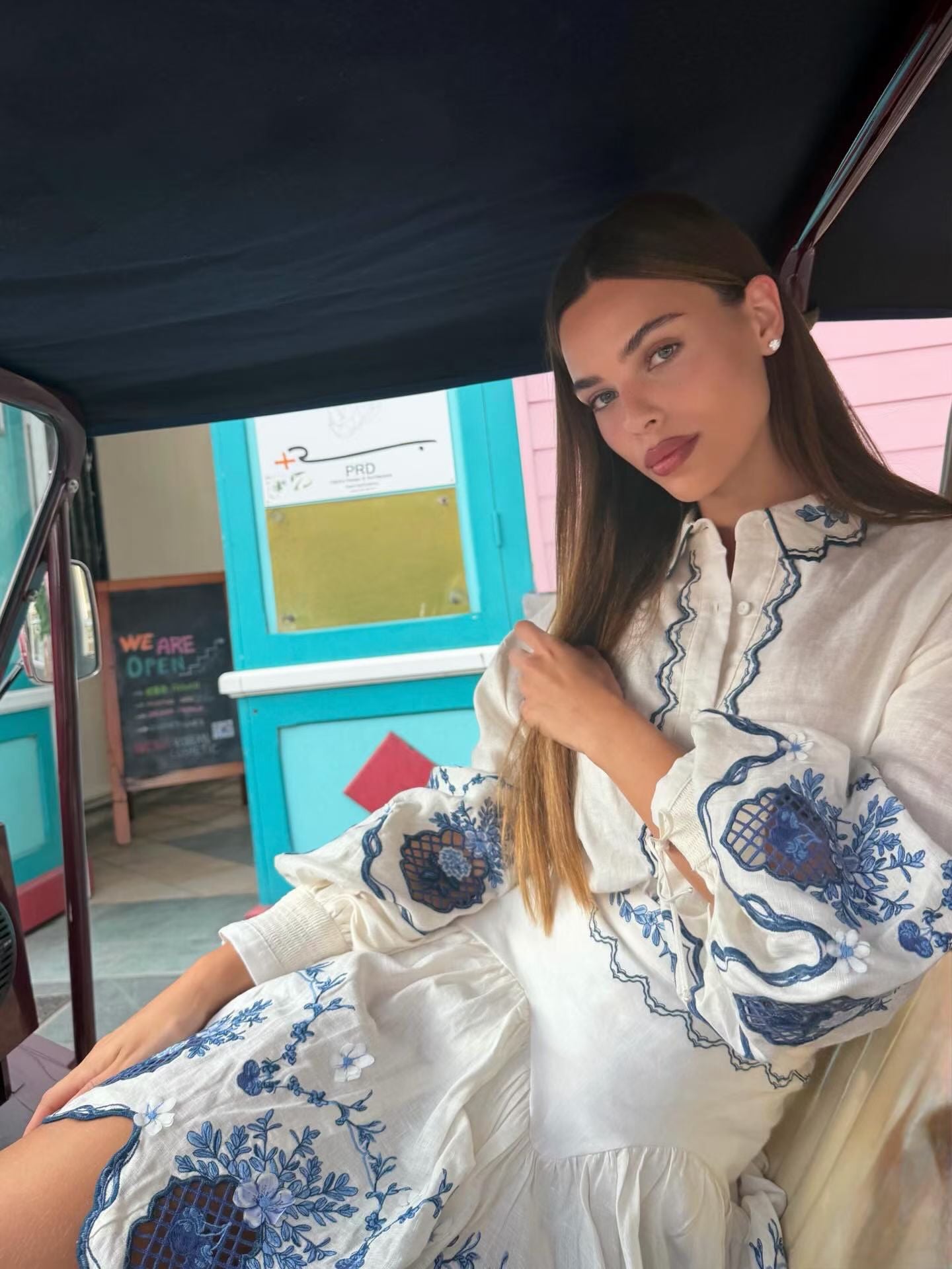 AGUA Blue White Embroidery Shirt And Skirt Two Piece Set