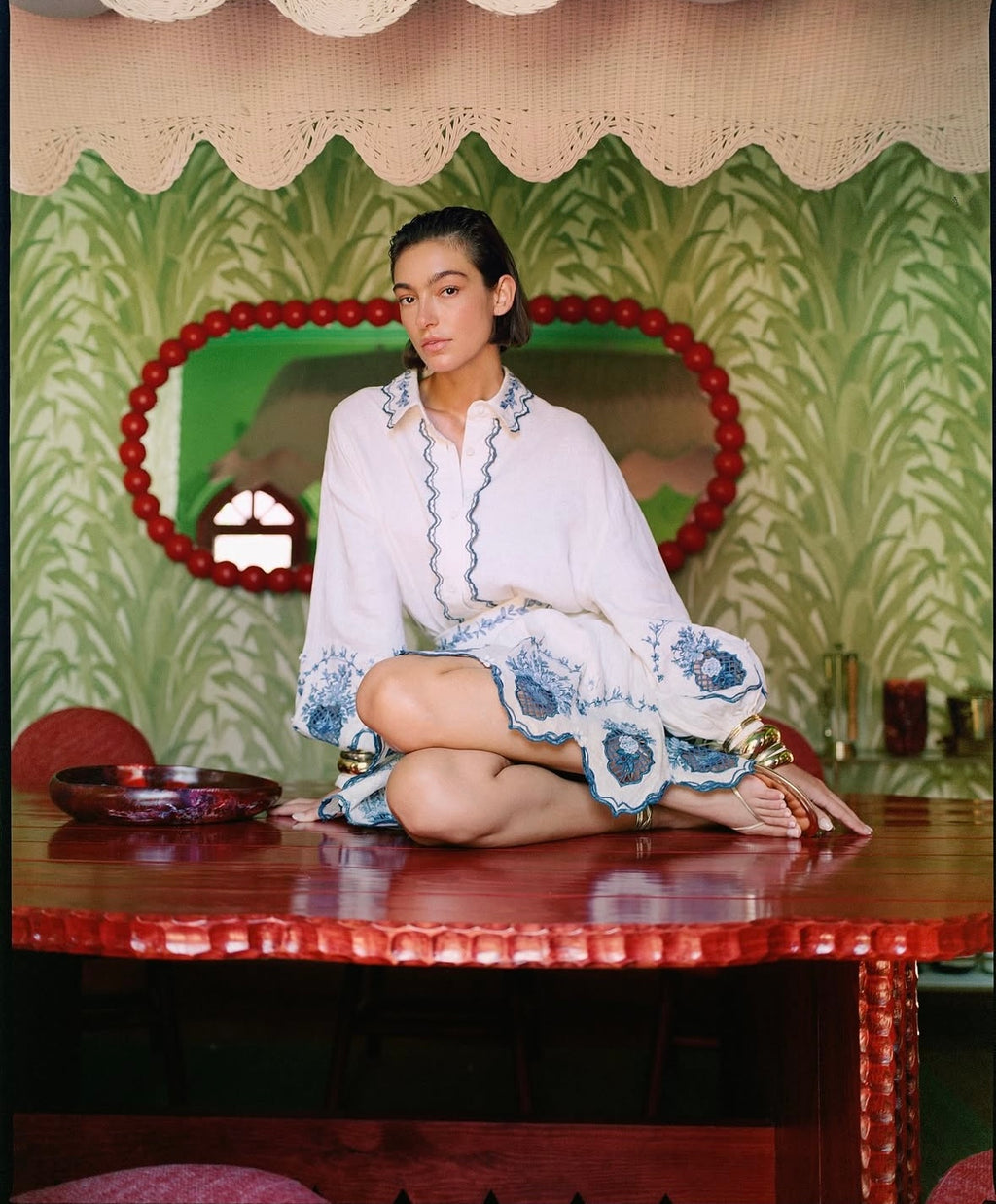 AGUA Blue White Embroidery Shirt And Skirt Two Piece Set