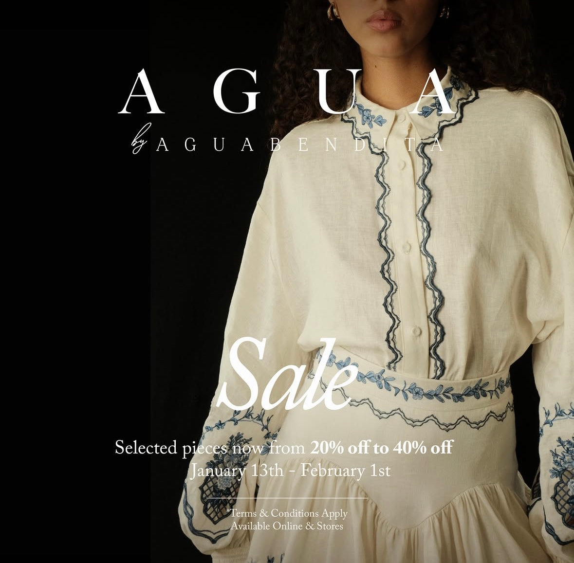 AGUA Blue White Embroidery Shirt And Skirt Two Piece Set