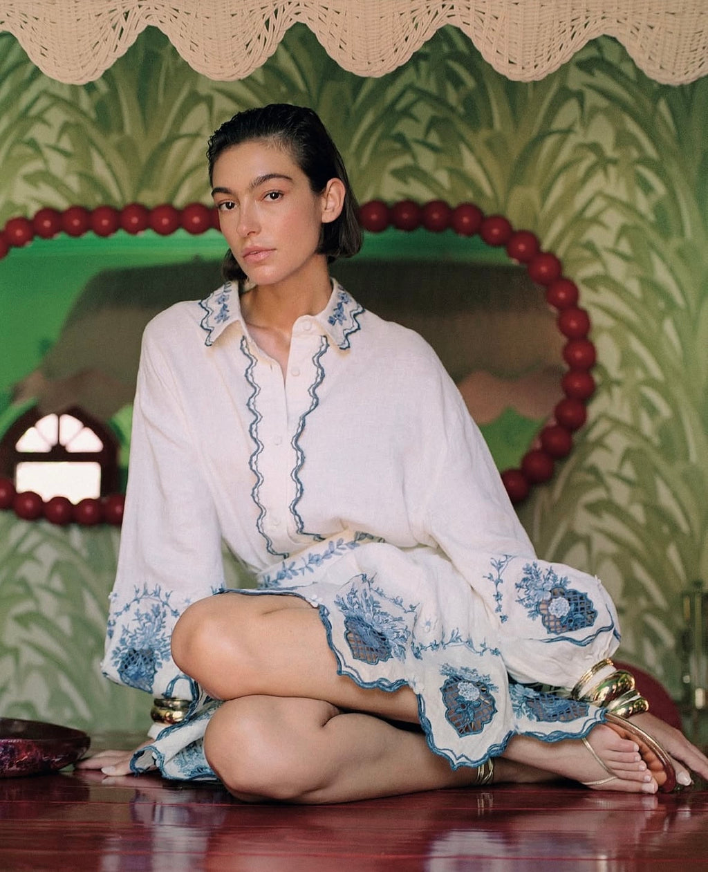 AGUA Blue White Embroidery Shirt And Skirt Two Piece Set