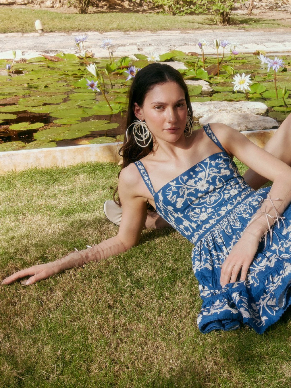 AGUA Vintage Floral Square Neck Tiered Midi Dress