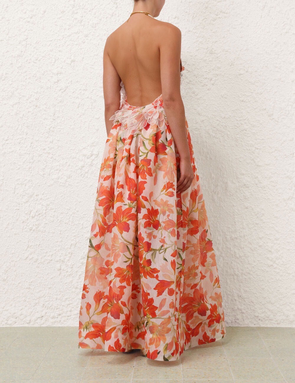 AGUA Orange Floral Ruffle Backless Maxi Dress