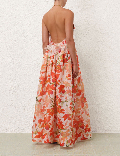 AGUA Orange Floral Ruffle Backless Maxi Dress