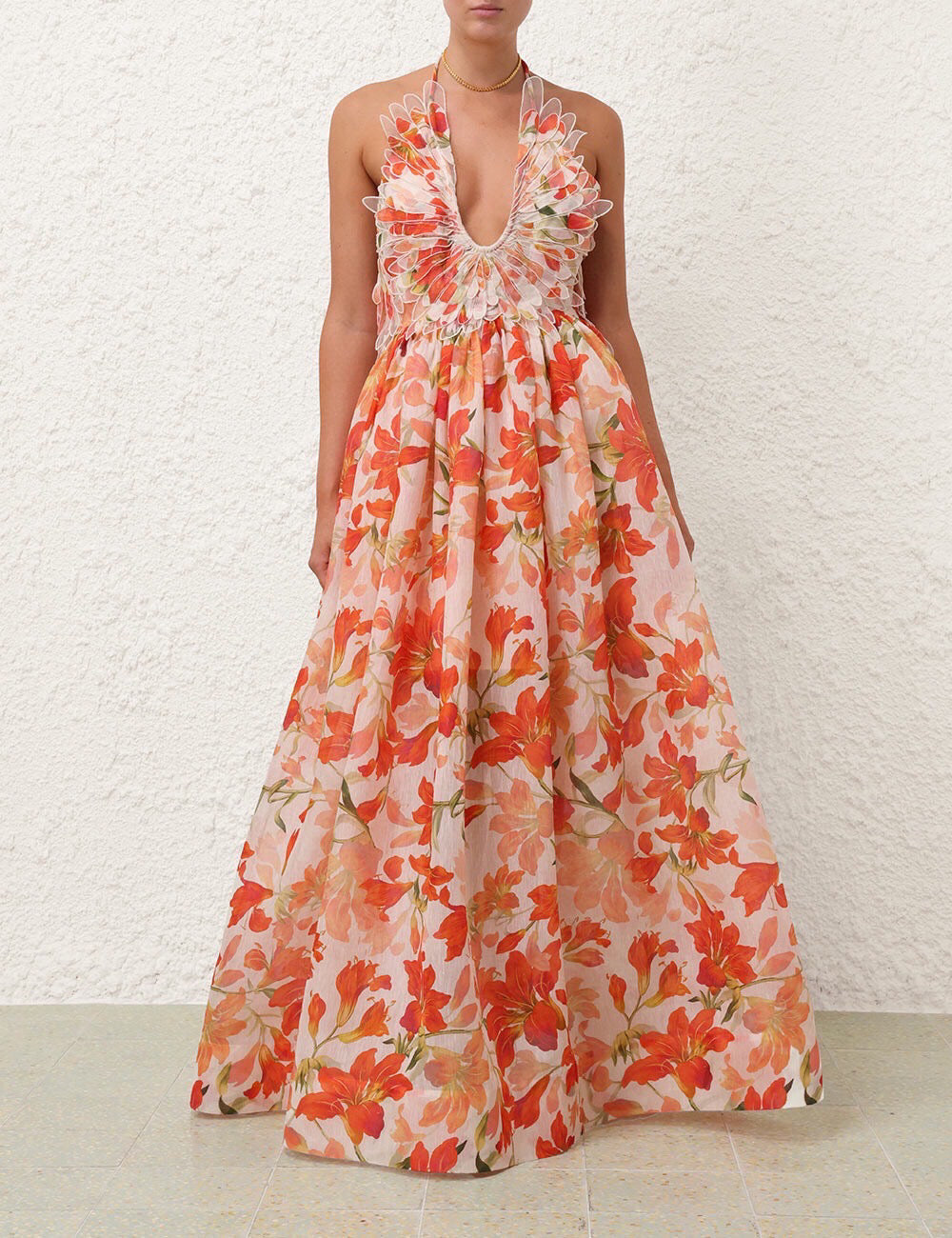 AGUA Orange Floral Ruffle Backless Maxi Dress