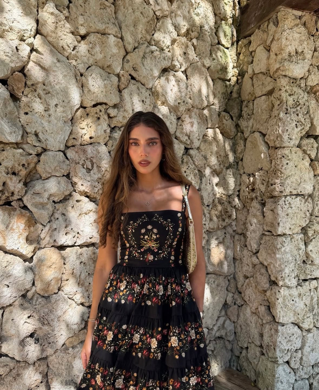AGUA Black Retro Floral Tiered A Line Midi Dress