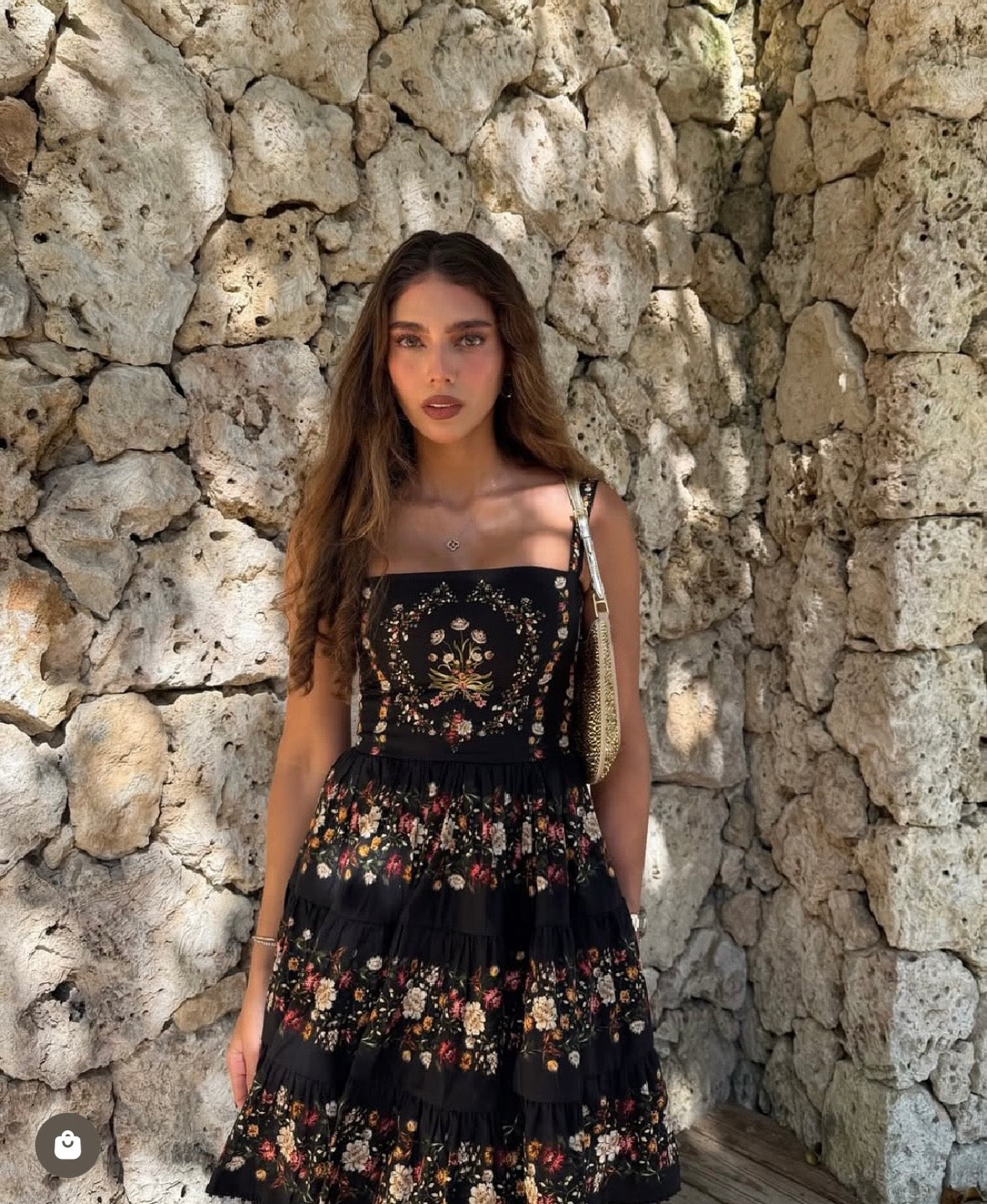 AGUA Black Retro Floral Tiered A Line Midi Dress