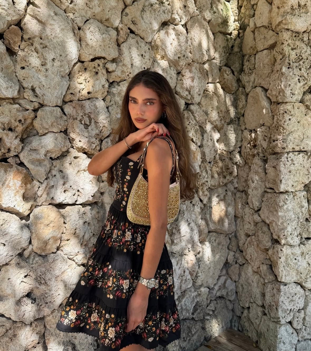 AGUA Black Retro Floral Tiered A Line Midi Dress