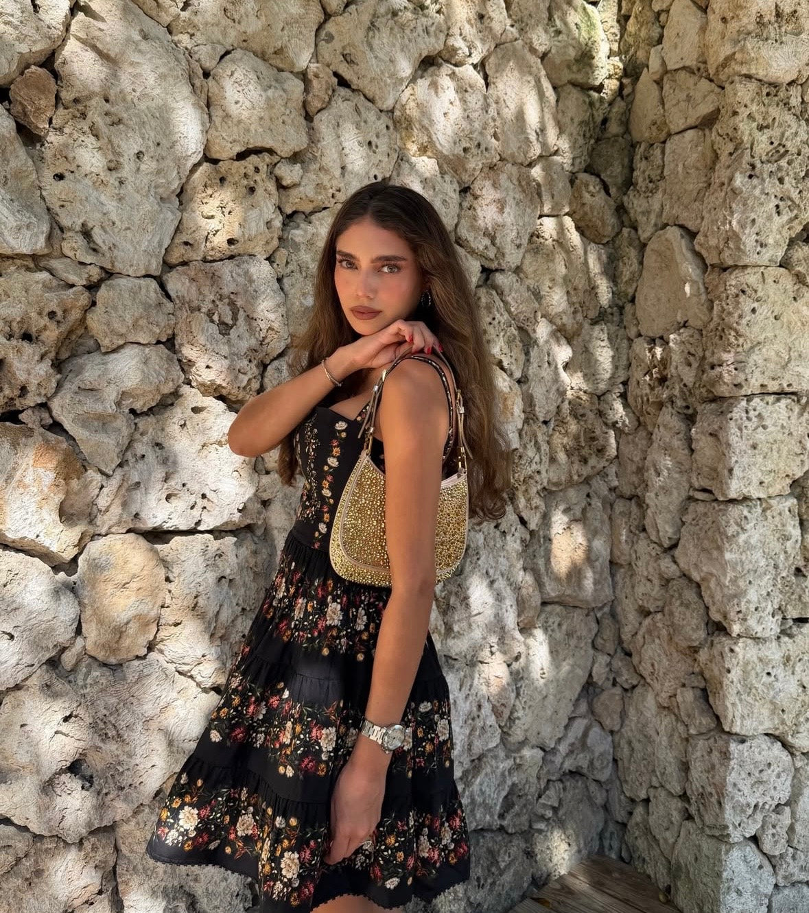AGUA Black Retro Floral Tiered A Line Midi Dress