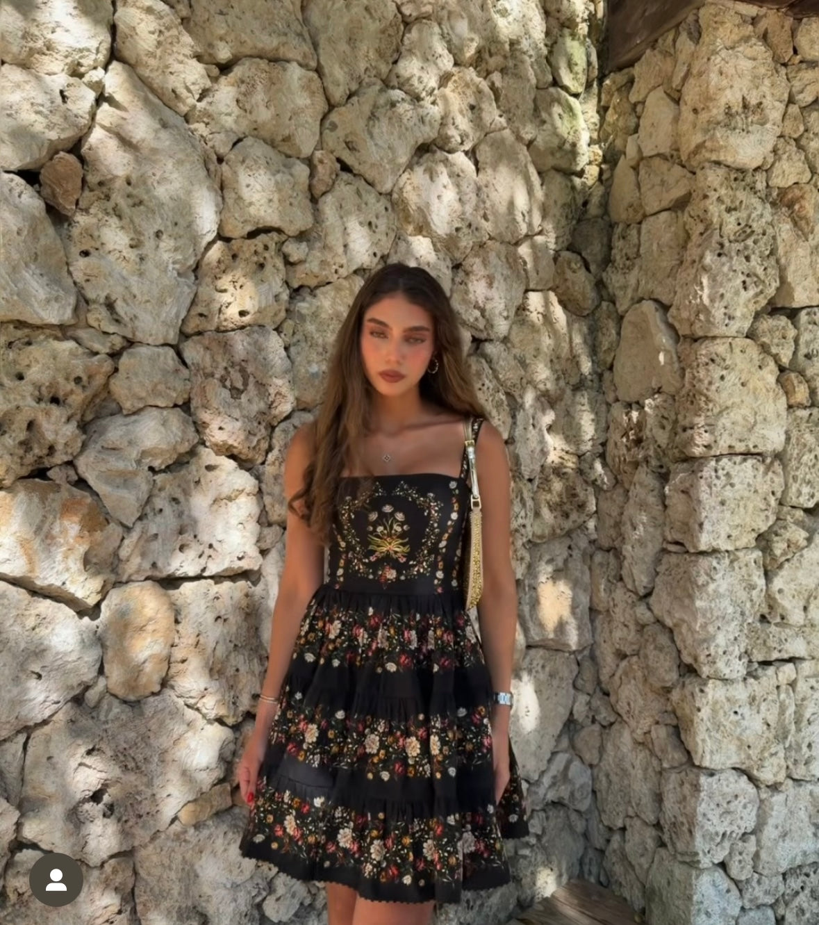 AGUA Black Retro Floral Tiered A Line Midi Dress