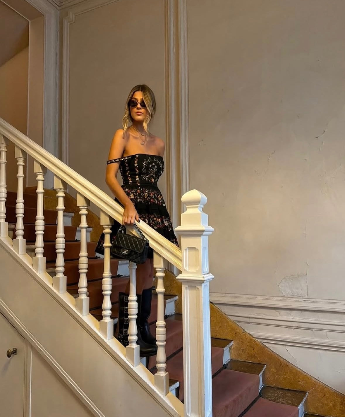 AGUA Black Retro Floral Tiered A Line Midi Dress