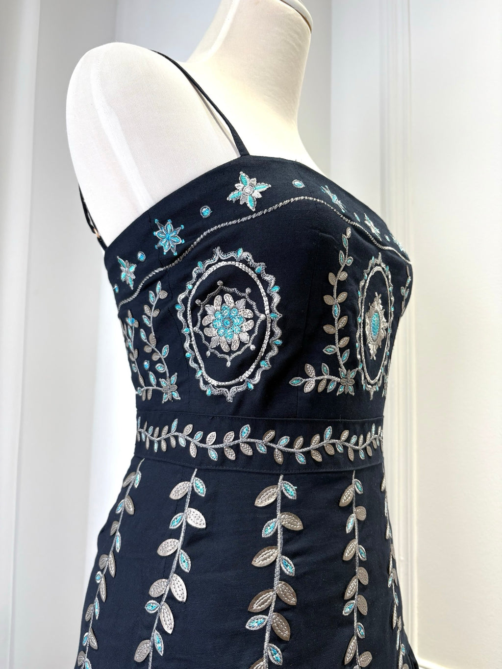 AGUA Navy Blue Embroidery Tiered Spaghetti Strap Maxi Dress