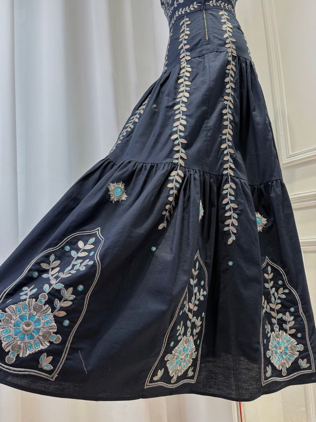 AGUA Navy Blue Embroidery Tiered Spaghetti Strap Maxi Dress