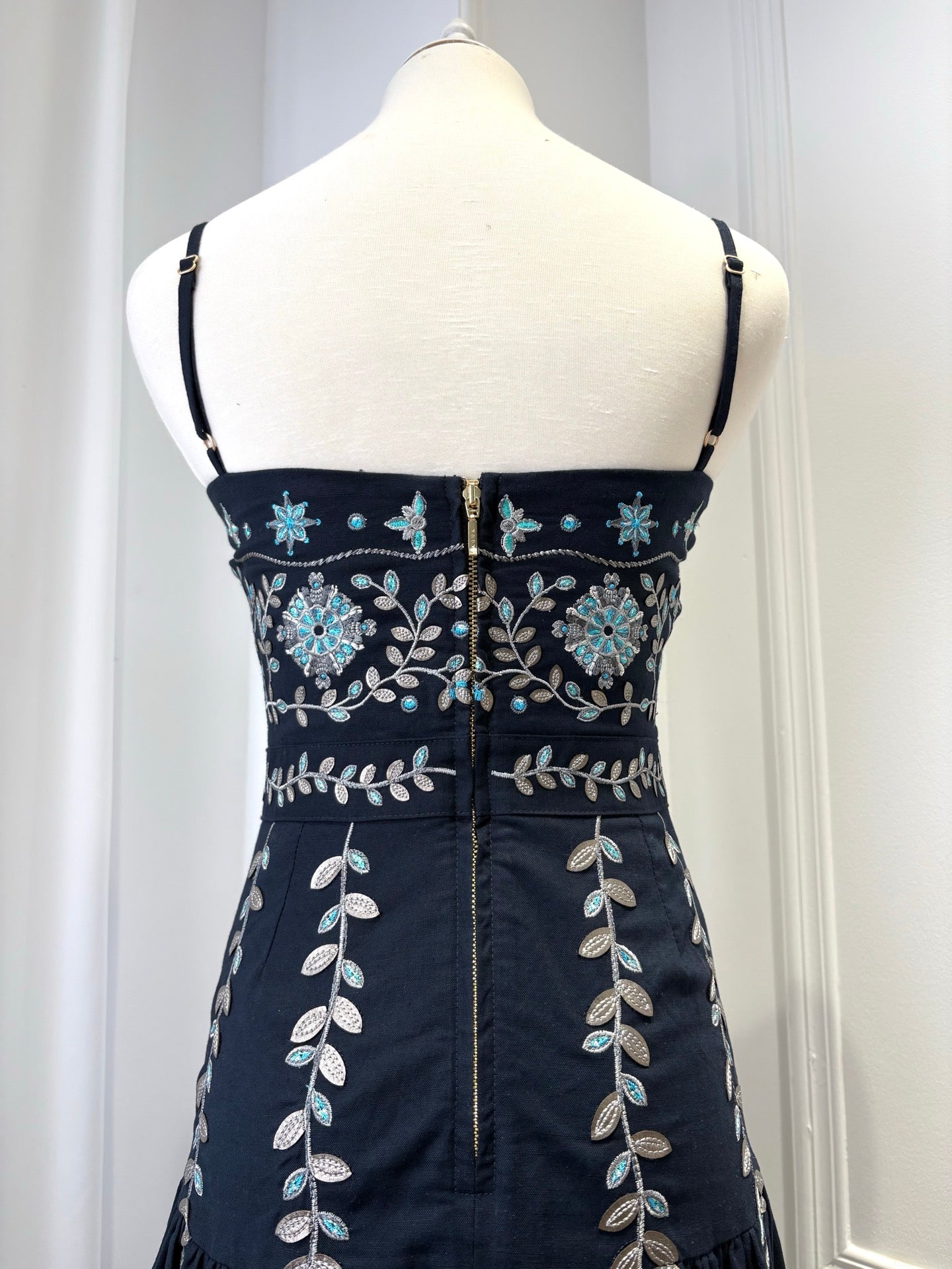 AGUA Navy Blue Embroidery Tiered Spaghetti Strap Maxi Dress