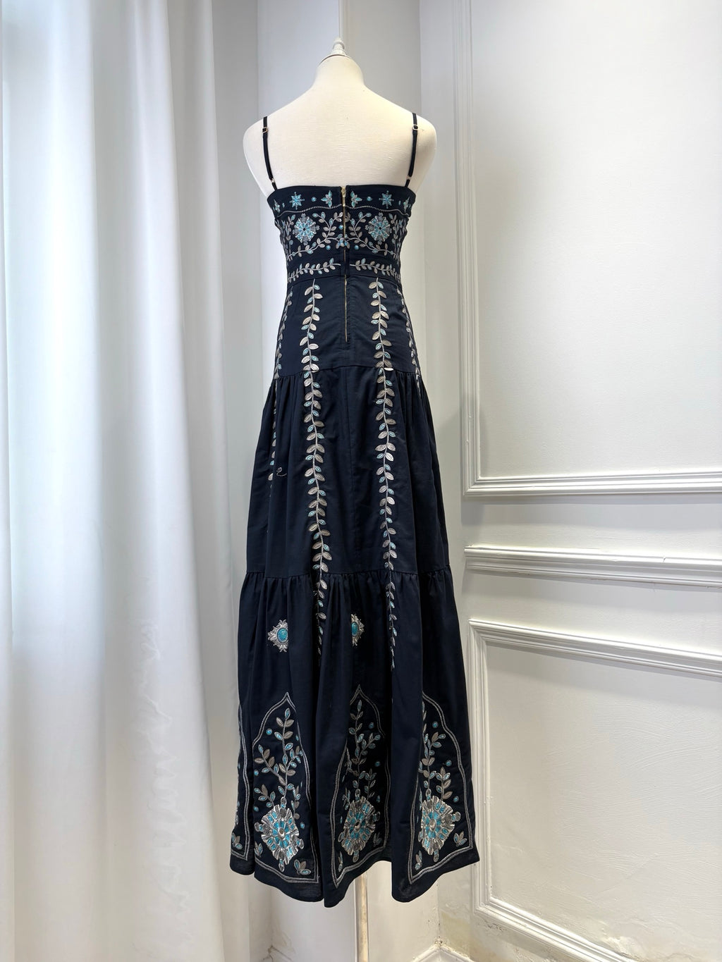 AGUA Navy Blue Embroidery Tiered Spaghetti Strap Maxi Dress