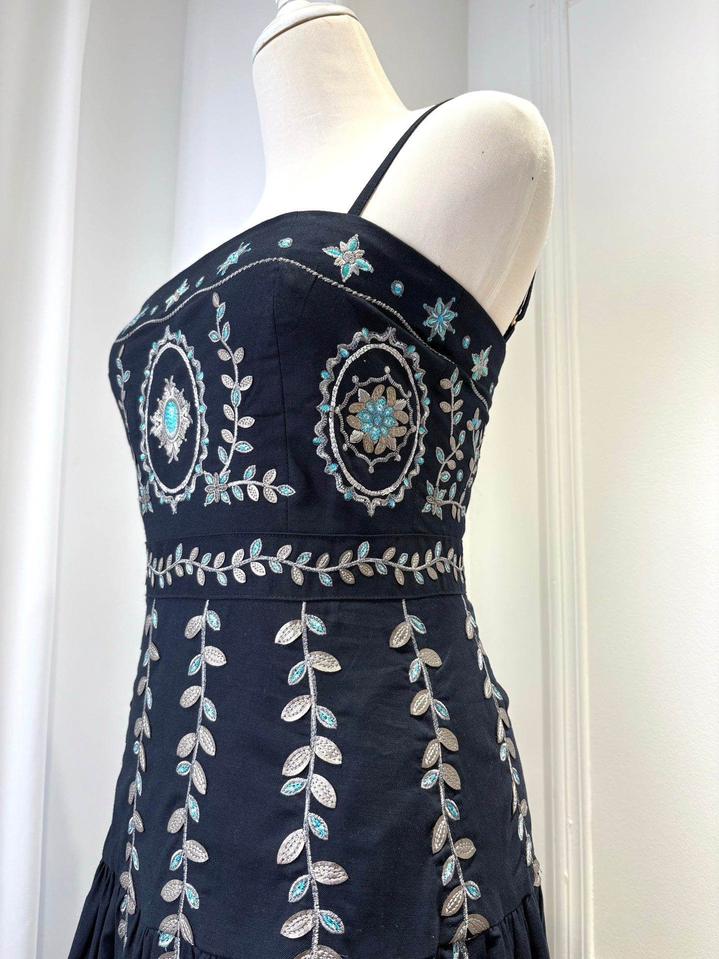 AGUA Navy Blue Embroidery Tiered Spaghetti Strap Maxi Dress
