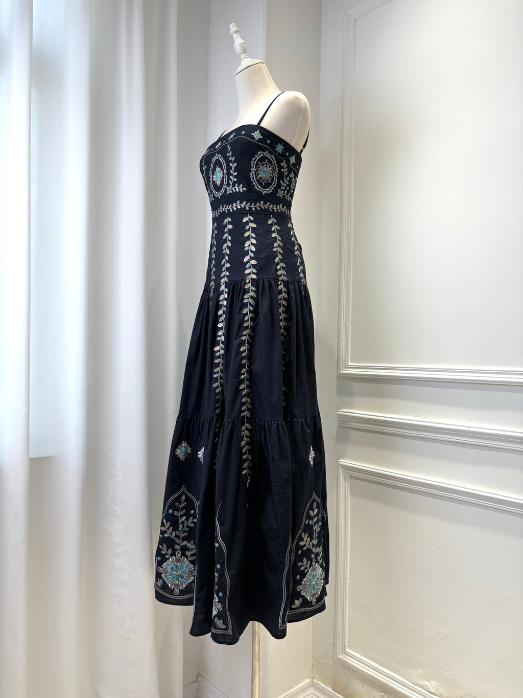 AGUA Navy Blue Embroidery Tiered Spaghetti Strap Maxi Dress