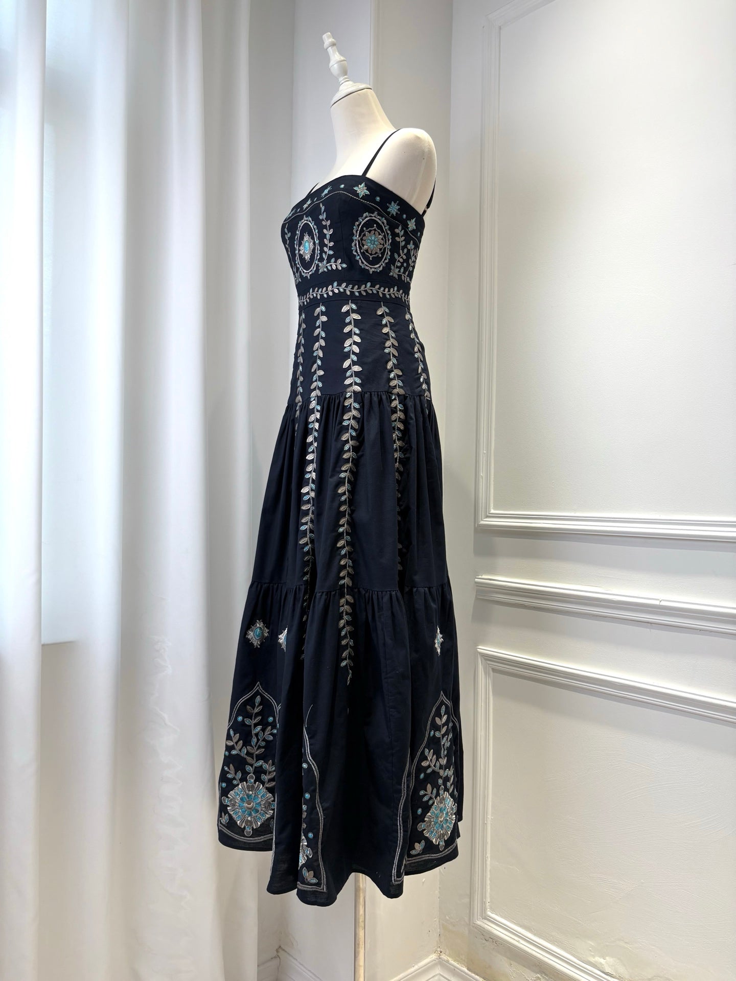 AGUA Navy Blue Embroidery Tiered Spaghetti Strap Maxi Dress