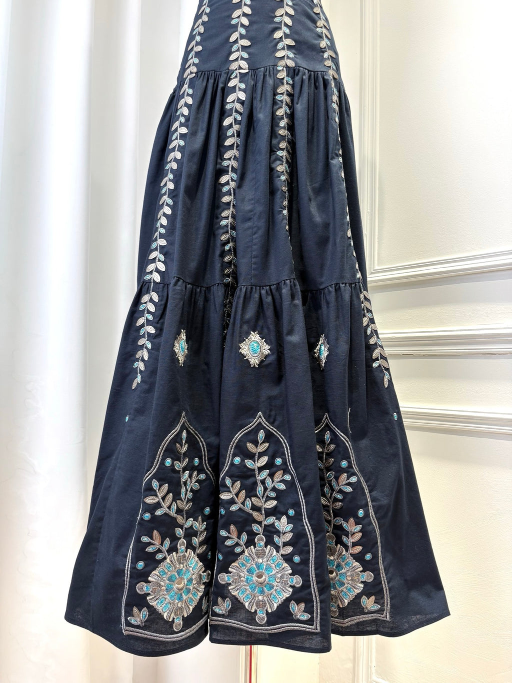 AGUA Navy Blue Embroidery Tiered Spaghetti Strap Maxi Dress