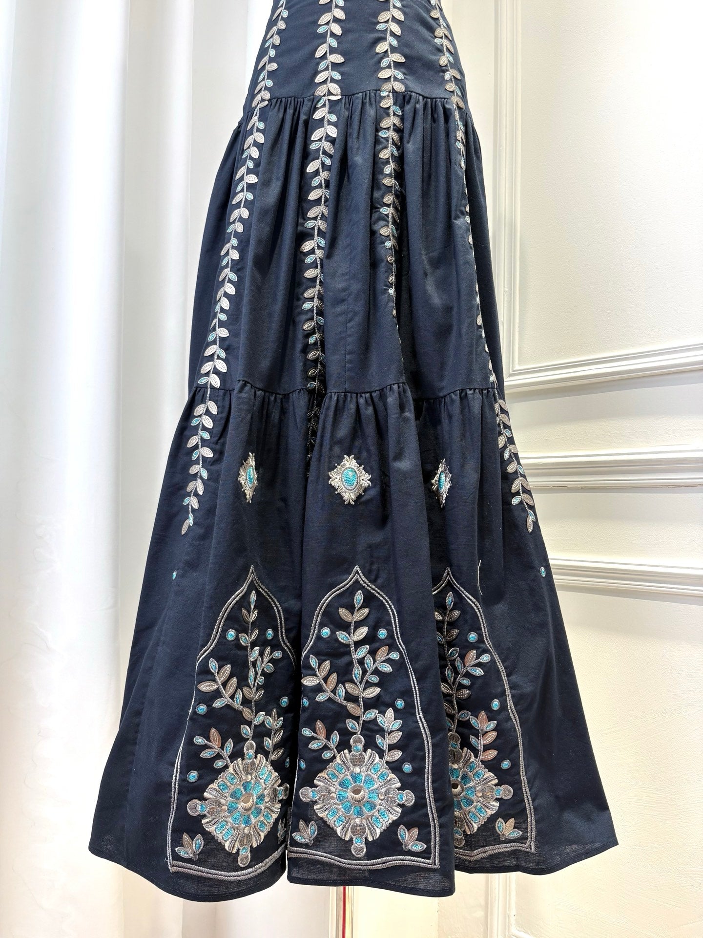 AGUA Navy Blue Embroidery Tiered Spaghetti Strap Maxi Dress