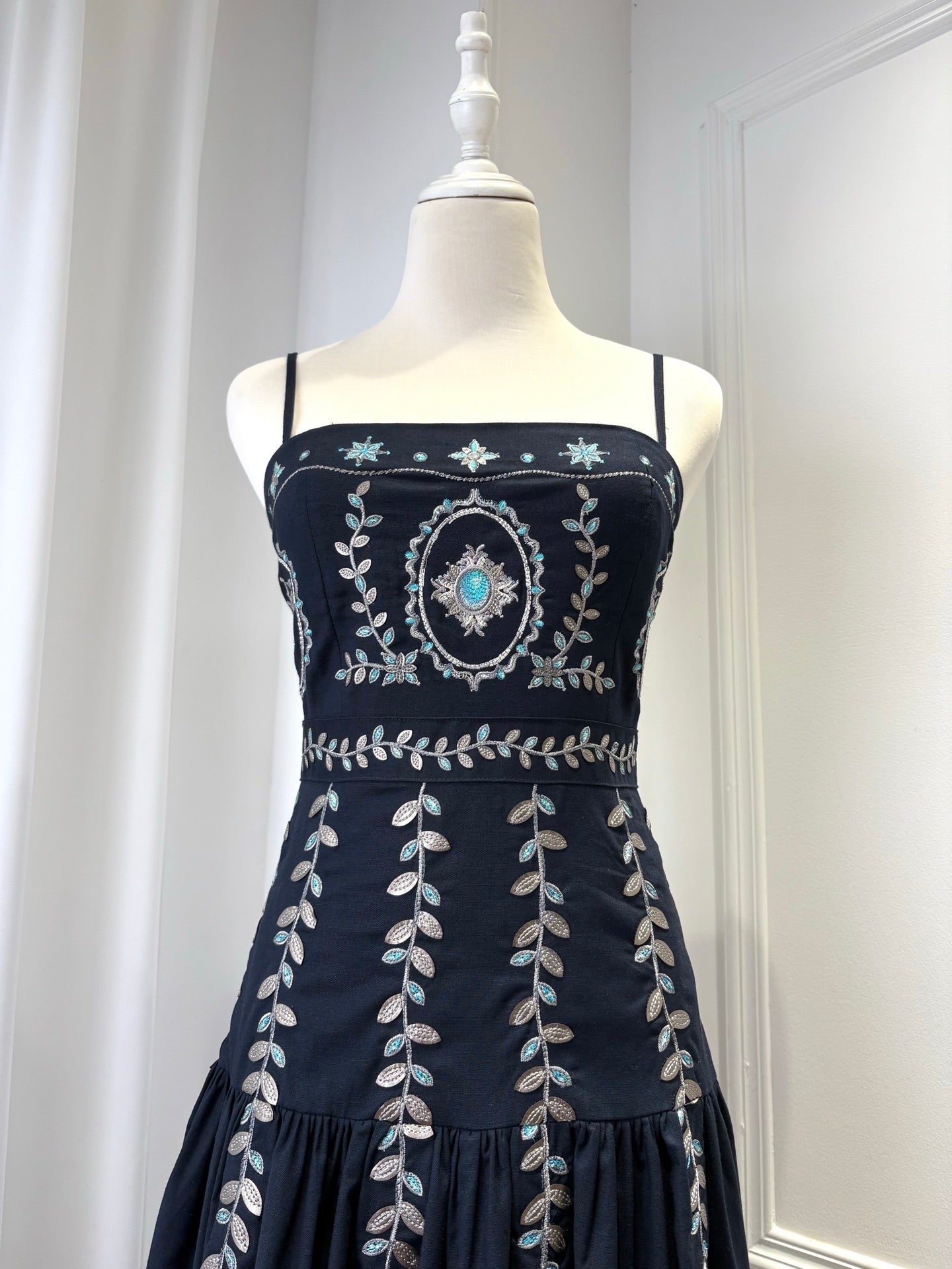 AGUA Navy Blue Embroidery Tiered Spaghetti Strap Maxi Dress