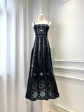 AGUA Navy Blue Embroidery Tiered Spaghetti Strap Maxi Dress