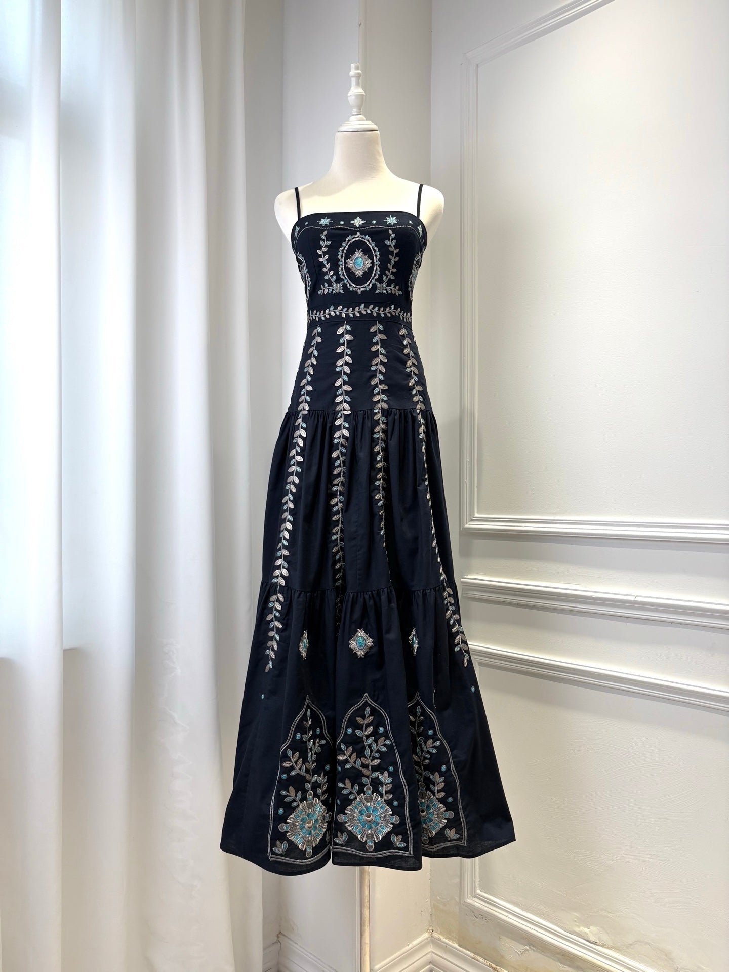 AGUA Navy Blue Embroidery Tiered Spaghetti Strap Maxi Dress