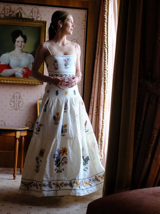 AGUA Colorful Floral Embroidery Tiered Midi Dress
