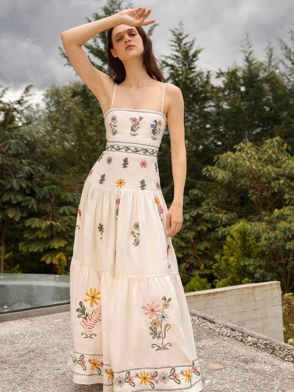 AGUA Colorful Floral Embroidery Tiered Midi Dress