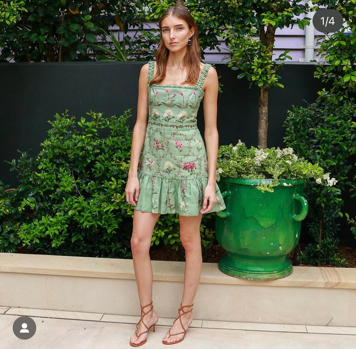 AGUA Green Leaf Print Ruffle Strap Mini Dress