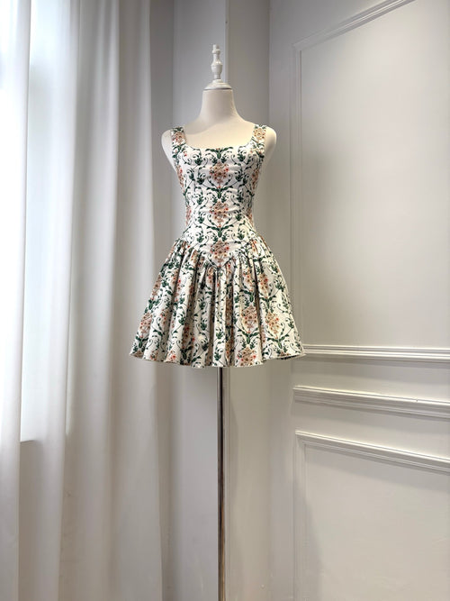 AGUA White Floral Print Elegant Slim Mini Dress