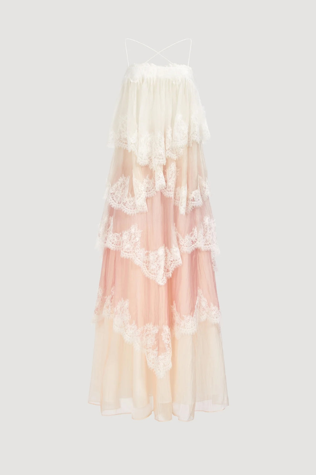 Women’s White Pink Tiered Lace Maxi Dress