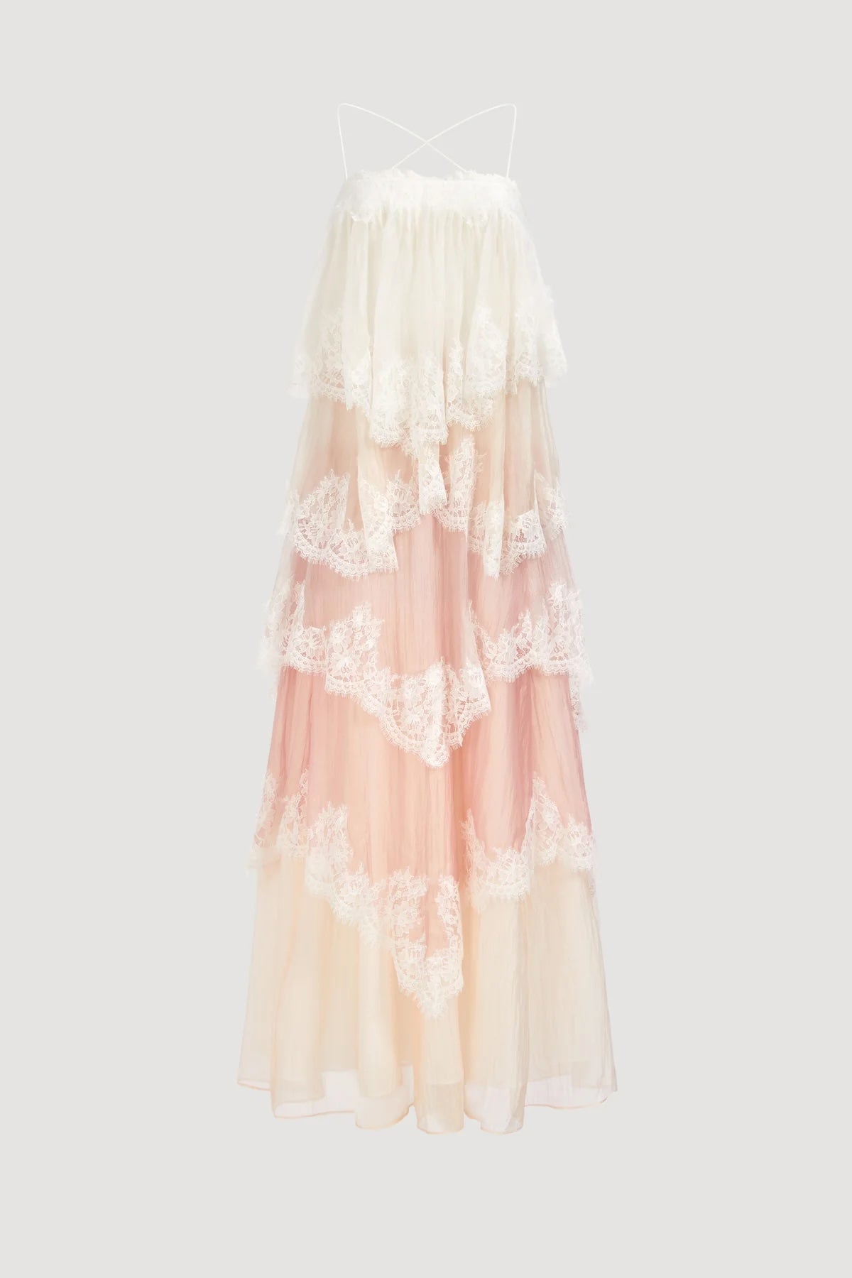 Women’s White Pink Tiered Lace Maxi Dress