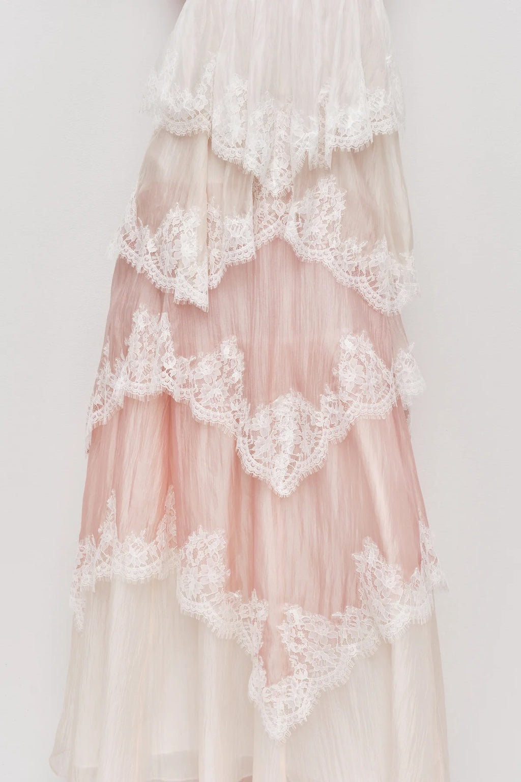 Women’s White Pink Tiered Lace Maxi Dress