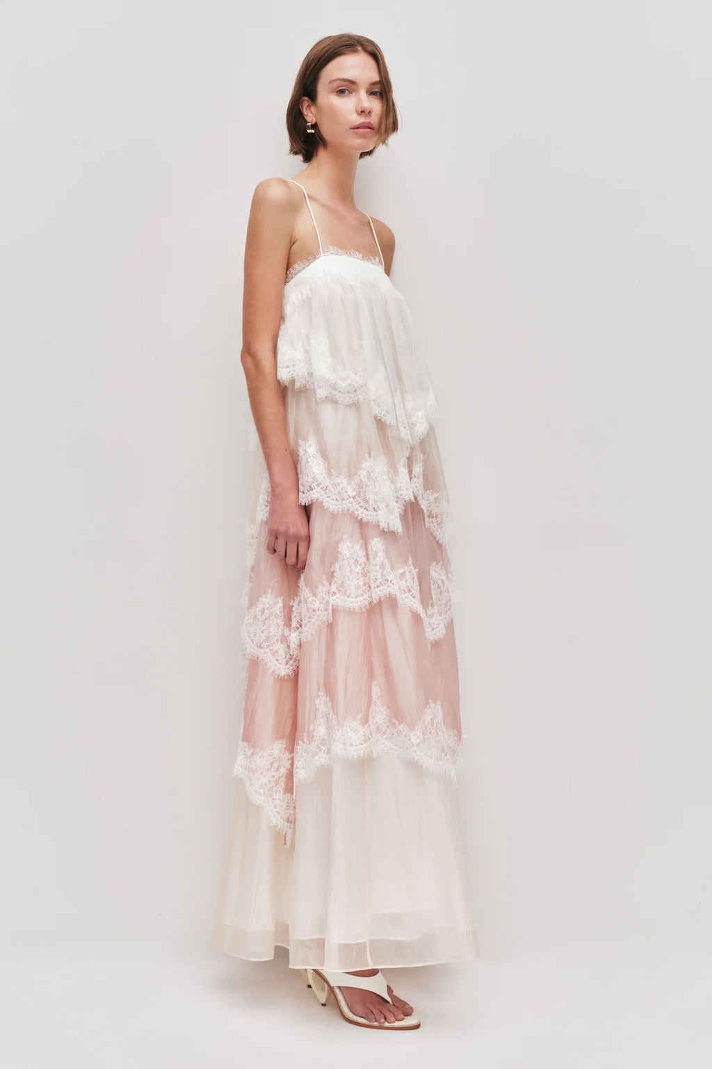 Women’s White Pink Tiered Lace Maxi Dress