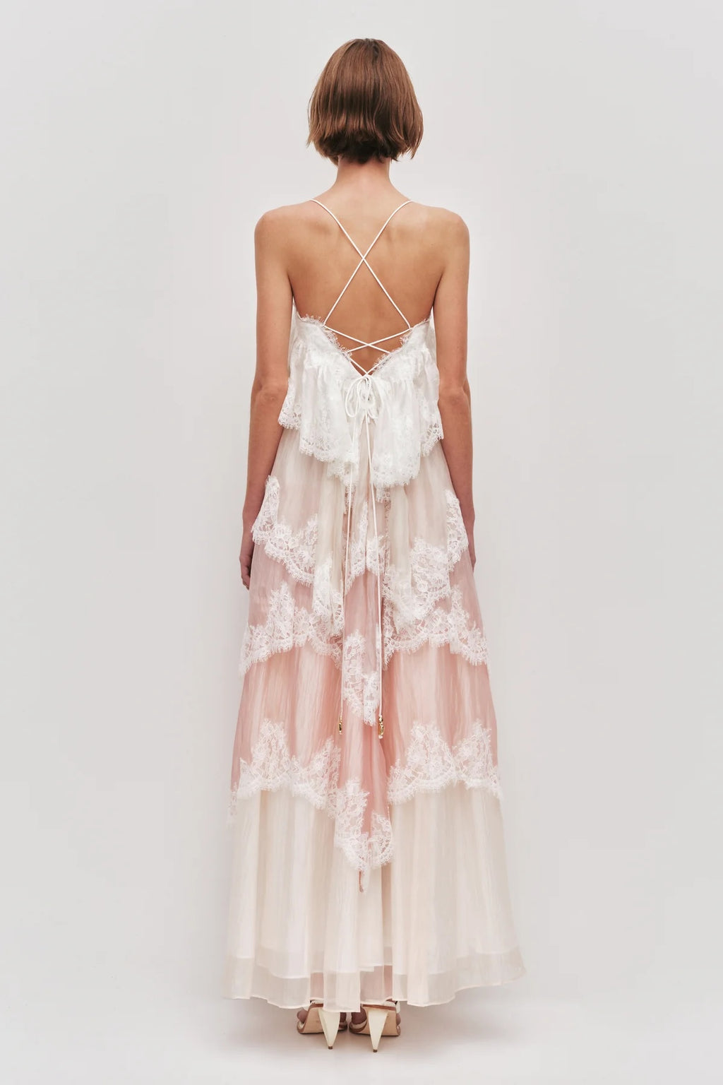 Women’s White Pink Tiered Lace Maxi Dress