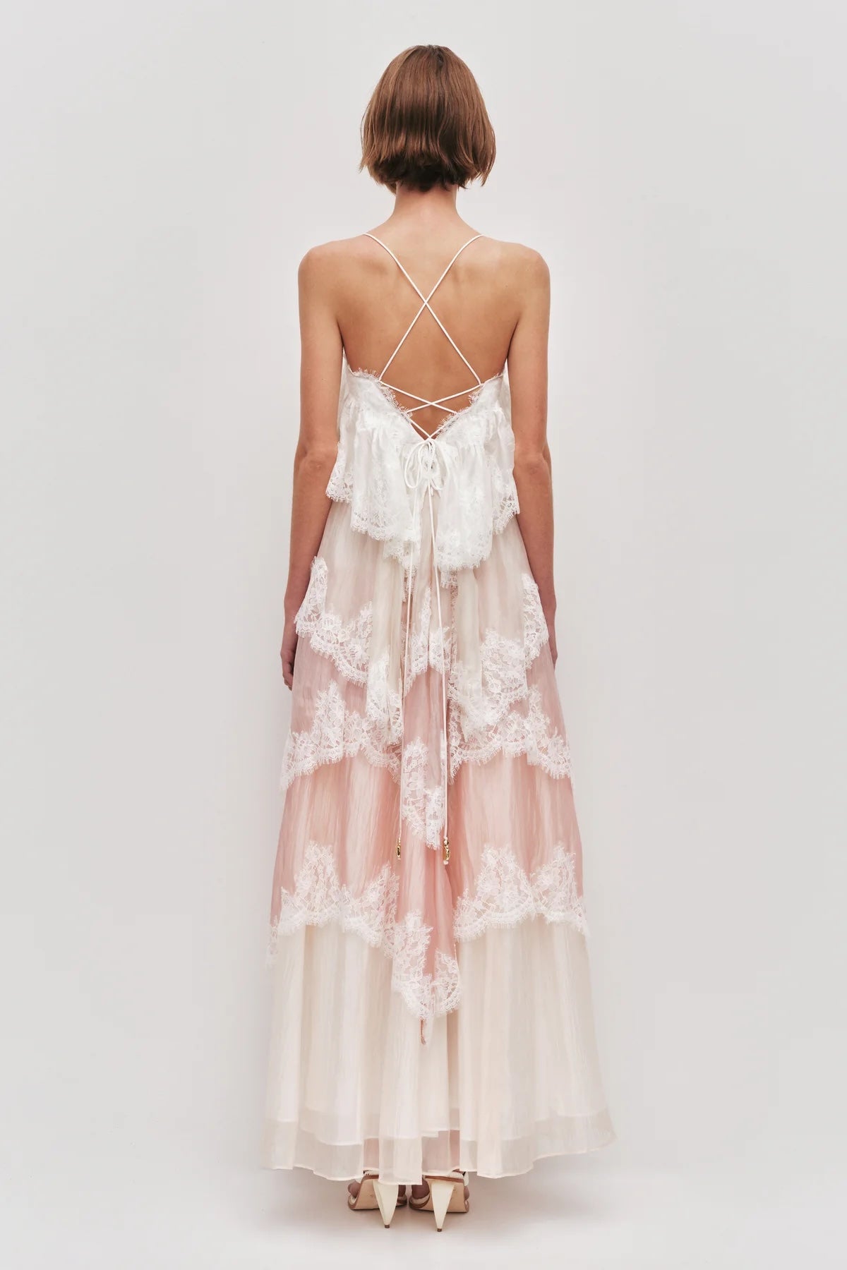 Women’s White Pink Tiered Lace Maxi Dress