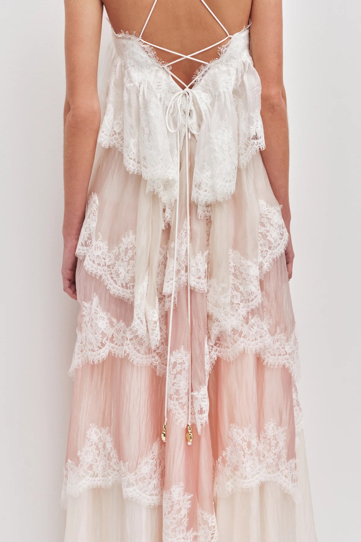Women’s White Pink Tiered Lace Maxi Dress