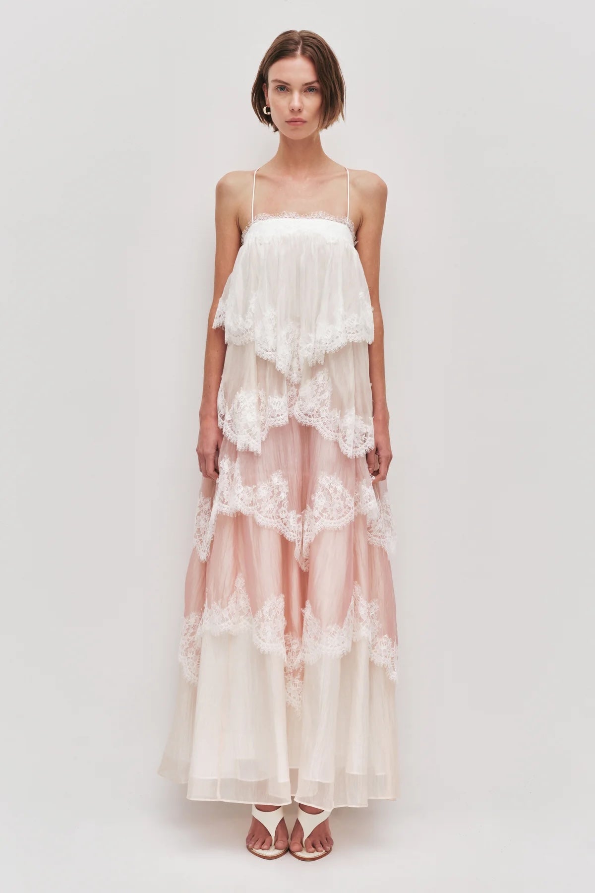 Women’s White Pink Tiered Lace Maxi Dress