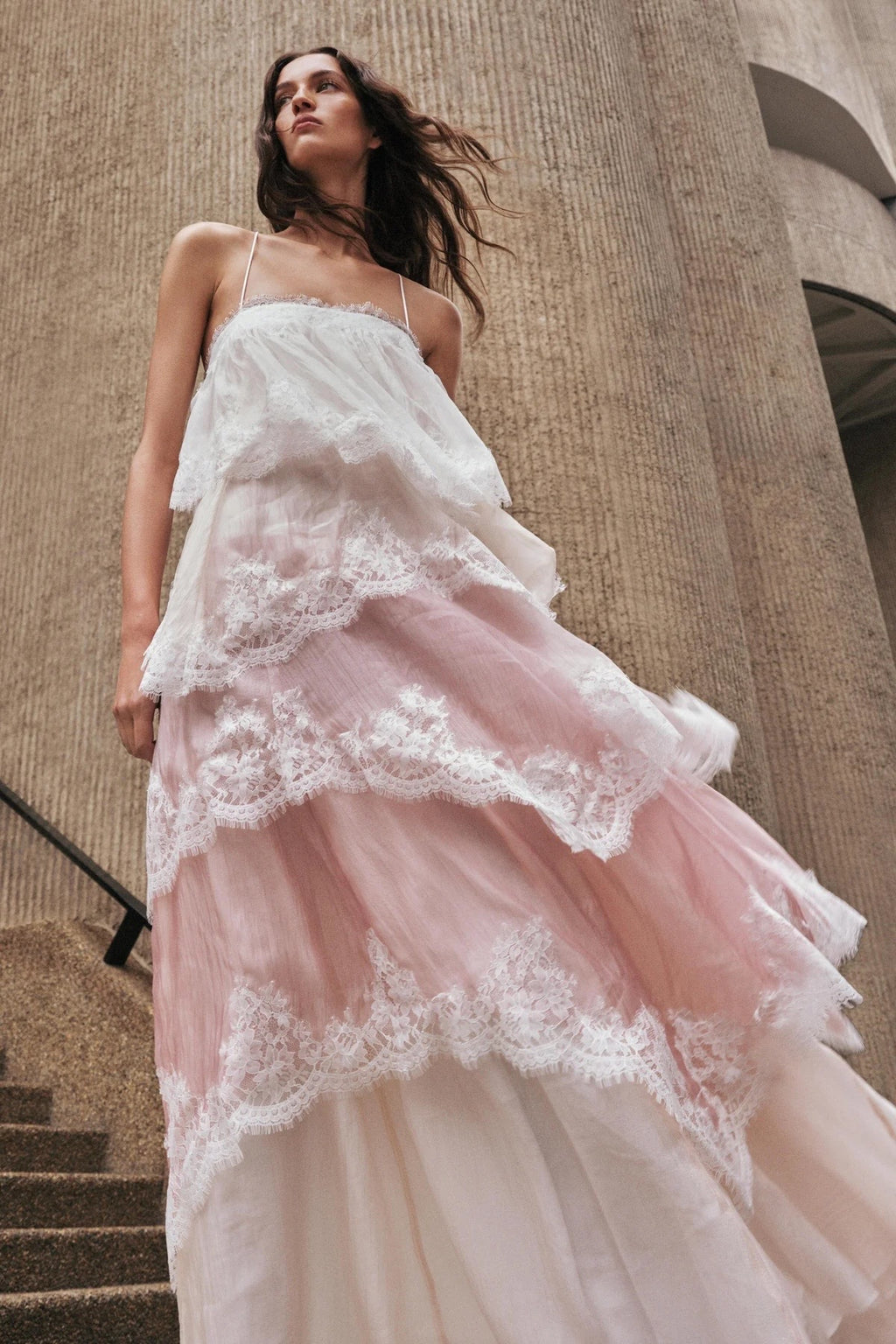 Women’s White Pink Tiered Lace Maxi Dress