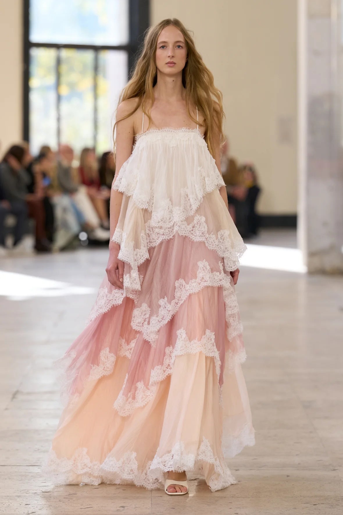 Women’s White Pink Tiered Lace Maxi Dress