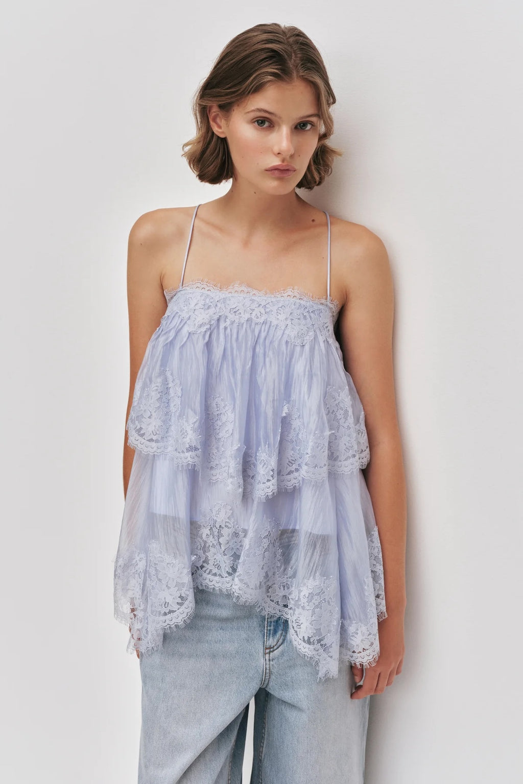 Women’s Lavender Tiered Lace Spaghetti Strap Cami Top