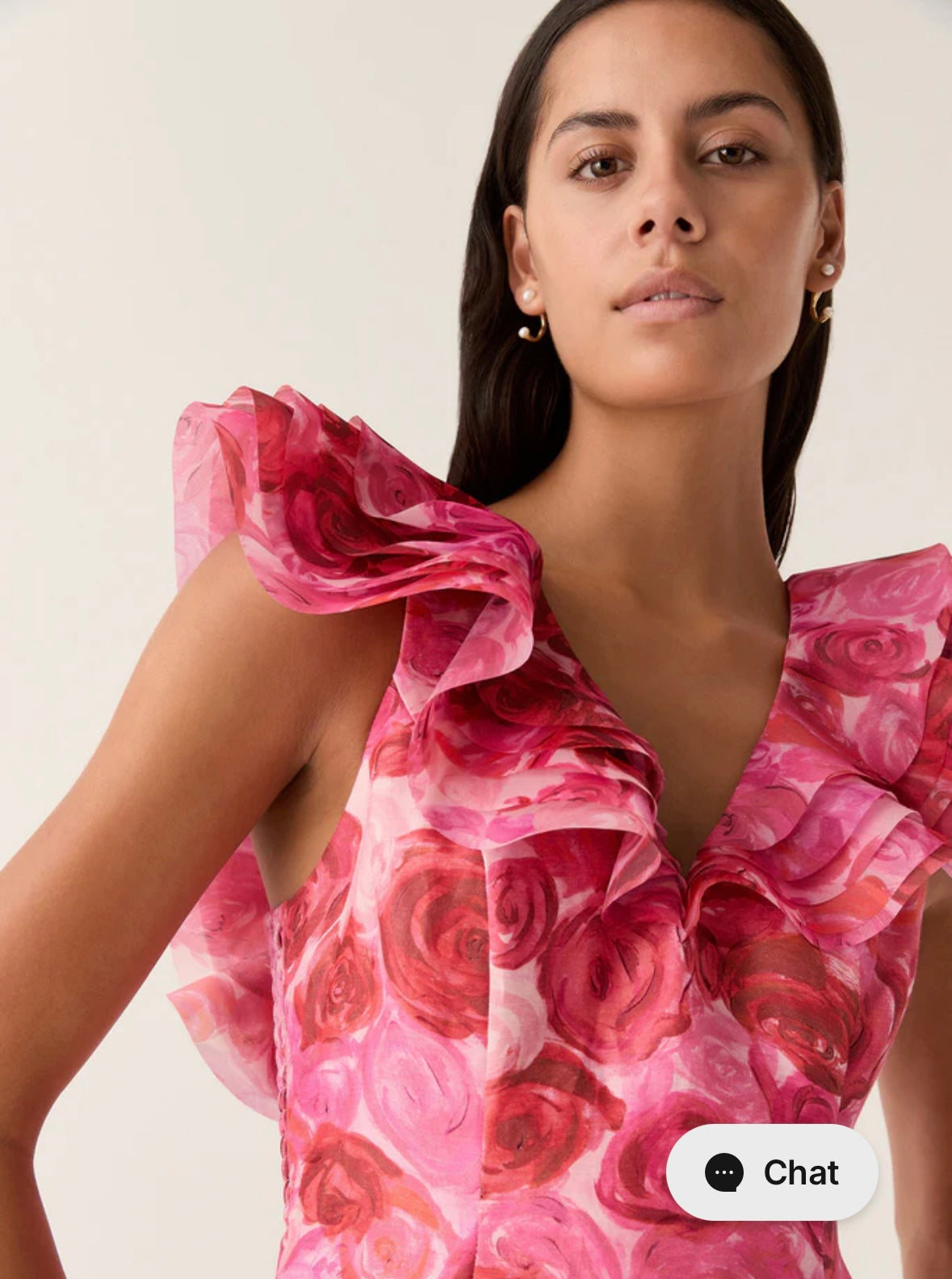 AJE Pink Rose Print Ruffle Sleeve Midi Dress