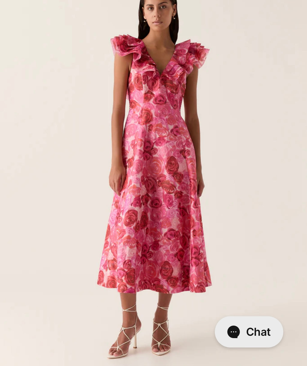 AJE Pink Rose Print Ruffle Sleeve Midi Dress