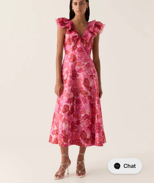 AJE Pink Rose Print Ruffle Sleeve Midi Dress