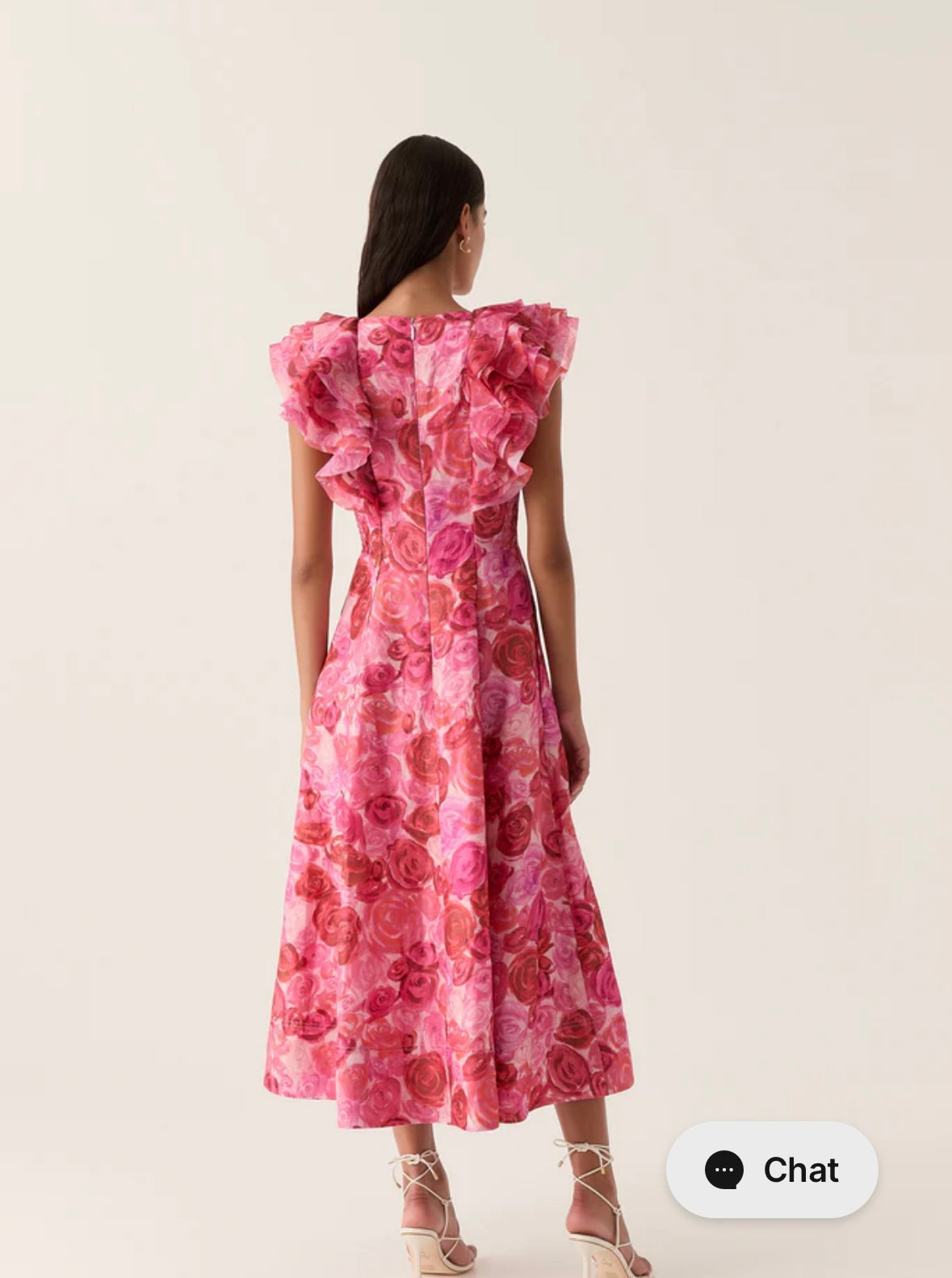 AJE Pink Rose Print Ruffle Sleeve Midi Dress